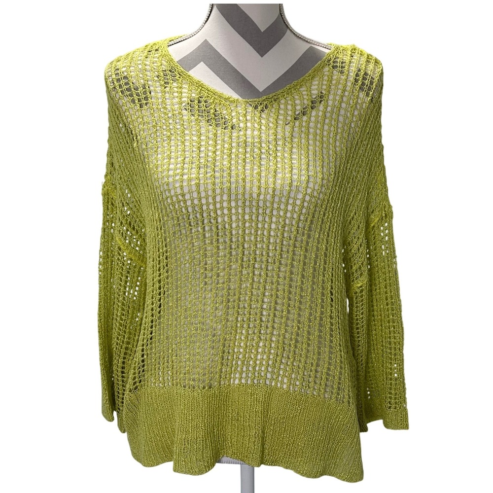 Charlie B Lime Green Fishnet Crochet Open‎ Knit Long Sleeve Sweater Top M